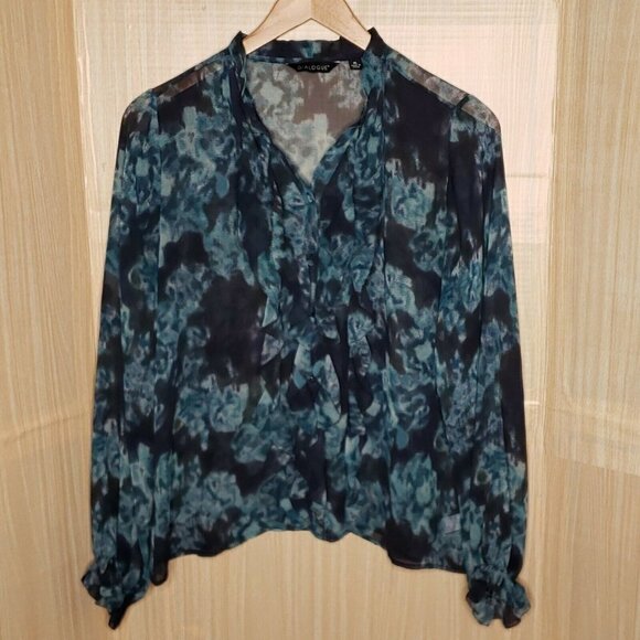 Dialogue Watercolor Womens Teal Black Semi Sheer Blouse XL - Picture 1 of 7